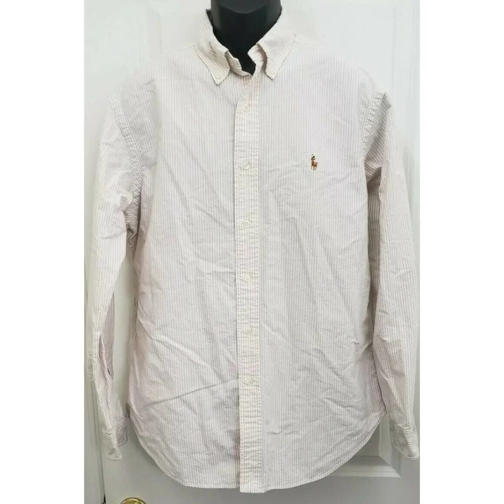 Ralph Lauren Mens Collared Classic Fit Pink Striped Button Front Shirt Sz Large